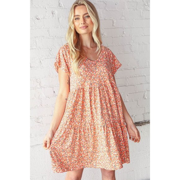 Haptics Dresses & Skirts - Coral V Neck Flutter Sleeve Swing Tiered Floral Dress